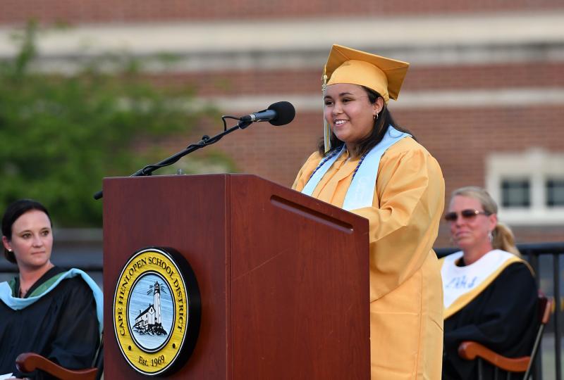 Class of 2021 Secretary Jacqueline Johnson introduces class Valedictorian Emily Monigle.