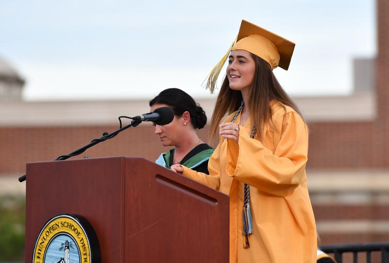 Class of 2021 Valedictorian Emily Monigle speaks to the graduates.