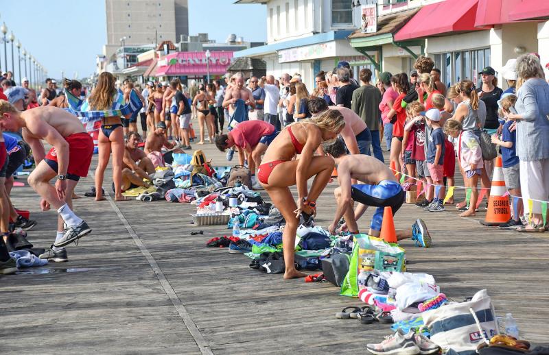 The transition area was busy after the swim.