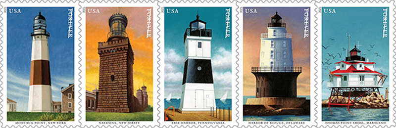 These Forever stamps just issued by the United States Postal Service celebrate five Mid-Atlantic lighthouses including the Harbor of Refuge Light on the breakwater near the point of Cape Henlopen. SUBMITTED ARTWORK