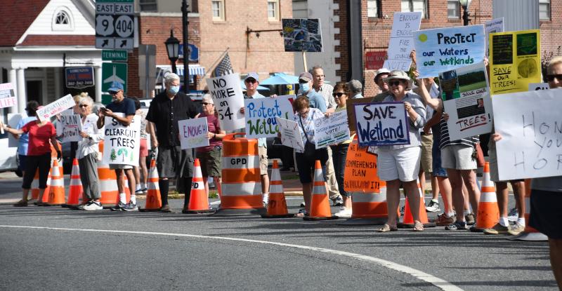 The number of protesters grows throughout the morning during the three-hour protest.