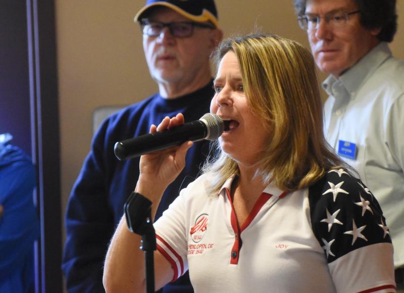 Joy Schreck of Cape Henlopen Elks Lodge 2540 sings “Proud To Be An American” at the luncheon Nov. 7. NICK ROTH PHOTO