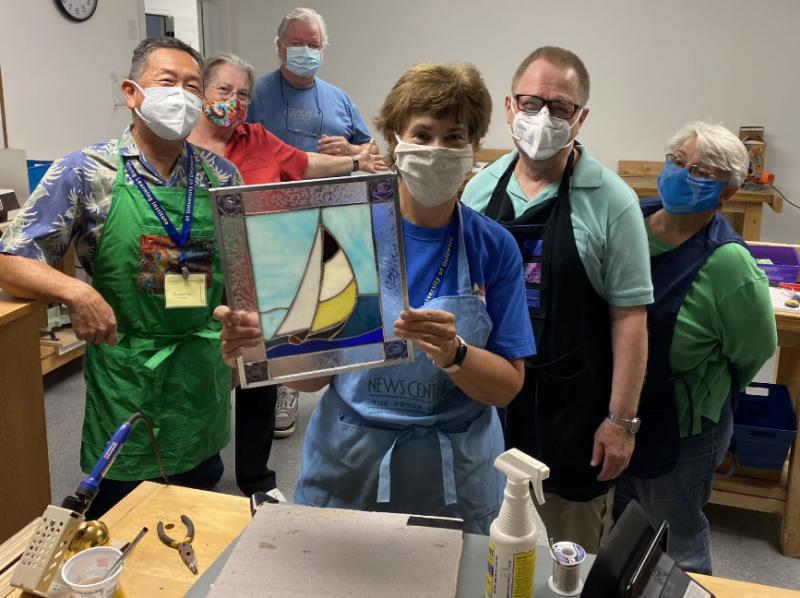 Stained Glass Fundamentals participants in the Kent/Sussex Osher Lifelong Learning program are (l-r) Rodney Lau, co-instructor; Bette Kaupa; Maurice McGrath; Pam McMillan; Paul Puch, instructor; and Lynette Brown. SUBMITTED PHOTO