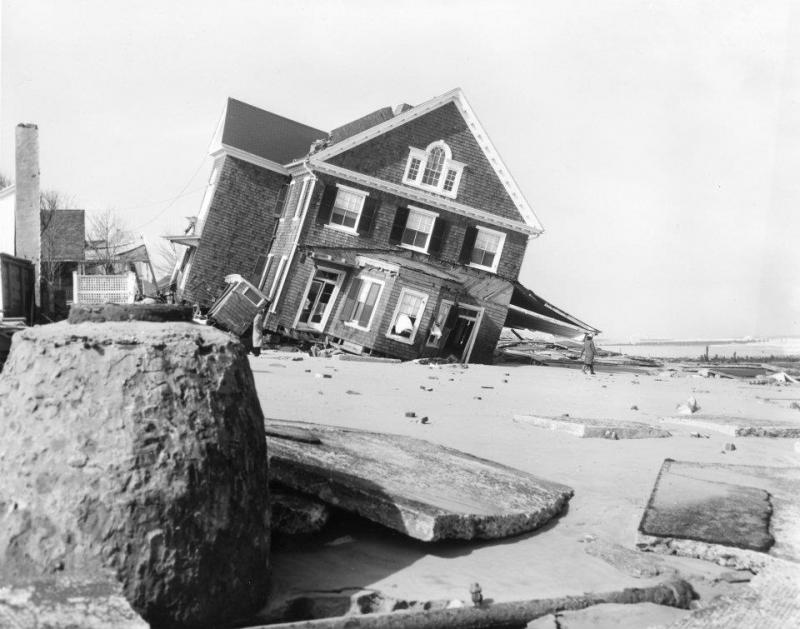 The Grier House along Rehoboth Beach has been knocked off its foundation. This was the fate of many homes and structures along the coast. DELAWARE PUBLIC ARCHIVES PHOTO