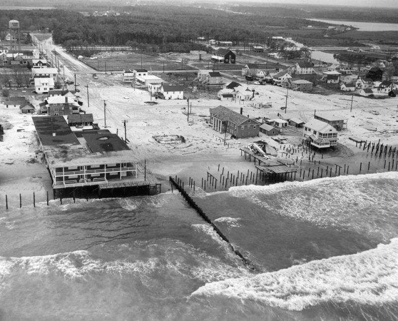 Damage along the Bethany Beach boardwalk was extensive. Twenty-eight of 29 oceanfront homes were destroyed in Bethany, and every home in South Bethany was destroyed. DELAWARE PUBLIC ARCHIVES PHOTO