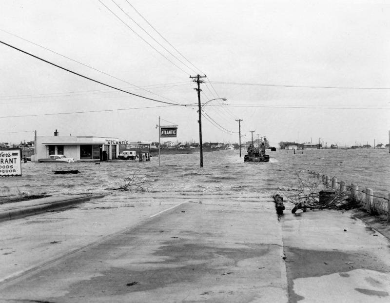 The highest tide recorded in Lewes was more than 9 feet above normal. Savannah Road leading to the beach was impassable except for National Guard vehicles. DELAWARE PUBLIC ARCHIVES PHOTO