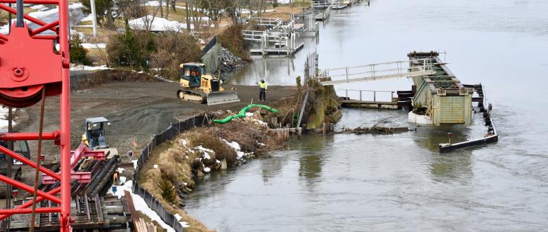 A crew works at the site of the Lewes railroad swing bridge on the Lewes-Rehoboth Canal, making preparations for a new crane to be moved to the location. RON MACARTHUR PHOTOS