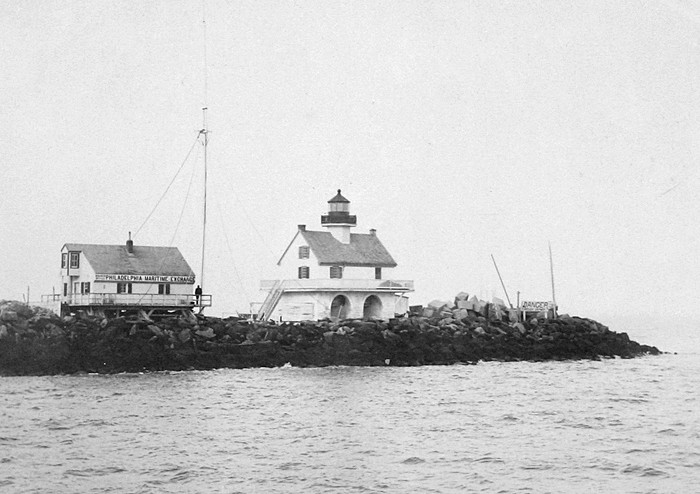 This rare photo taken in 1891 shows the original Delaware Breakwater Lighthouse when it was on the west end of the breakwater adjacent to the Philadelphia Maritime Exchange. DELAWARE PUBLIC ARCHIVES PHOTO