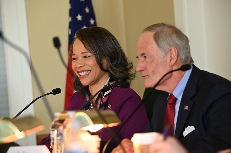 Rep. Lisa Blunt Rochester, left, and Sen. Tom Carper welcome guests to the environmental hearing. NICK ROTH PHOTO