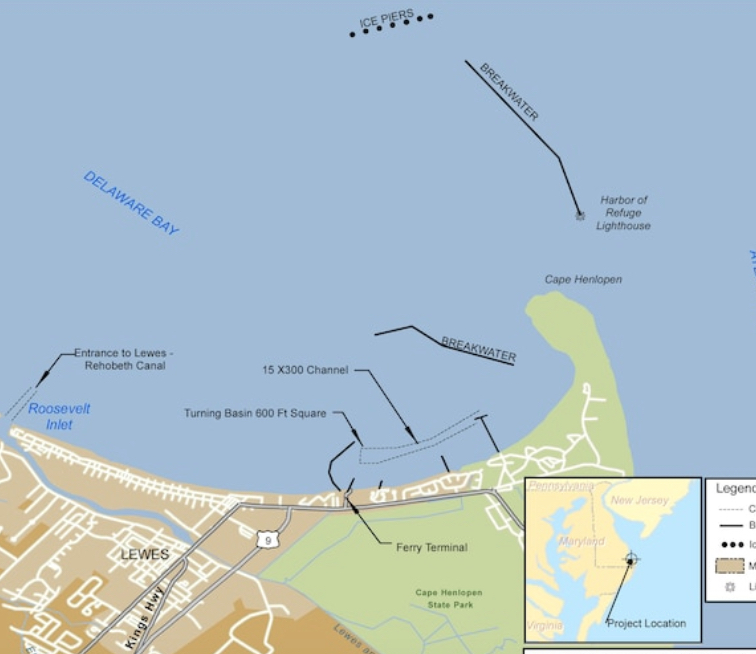 This map shows the strategic locations of the two breakwaters off the Cape Henlopen point.