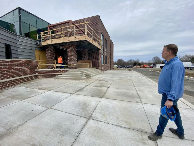 Cape Director of Capital Projects Brian Bassett said final details are being placed on the new front entrance of Lewes Elementary, set to open to students after spring break in April. ELLEN DRISCOLL PHOTOS