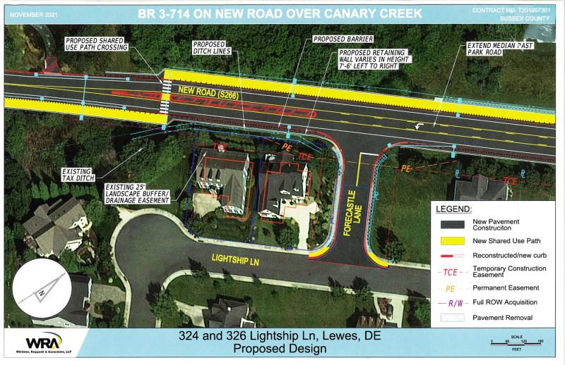The latest version of the plan has the shared-use path crossing New Road about 200 feet west of Forecastle Lane. SOURCE: DELDOT