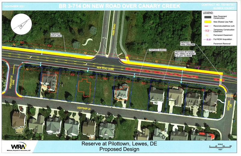 After crossing New Road, the latest plan shows the shared-use path remaining on the north side before crossing back over at Captains Circle. SOURCE: DELDOT