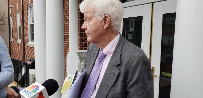 Defense attorney Joe Hurley speaks to reporters April 6 outside Sussex County Superior Court after his client, Clay Conaway, took pleas for the four remaining rape cases he faced. MELISSA STEELE PHOTO