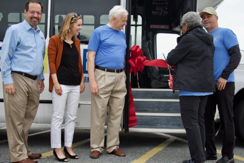 Celebrating the launch of Lewes Line are (l-r) Delaware Transit Corporation CEO John Sisson, Delaware Department of Transportation Secretary Nicole Majeski, Mayor Ted Becker, Councilwoman Carolyn Jones cutting the ribbon and Councilman Khalil Saliba. AARON MUSHRUSH PHOTOS