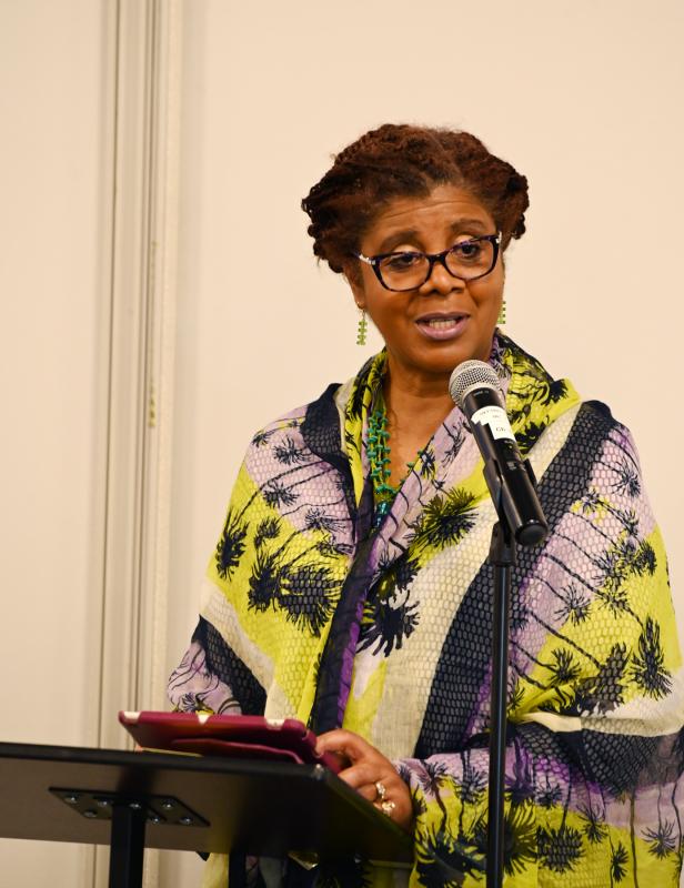 Trina Brown-Hicks introduces Pam Brown at the Greater Lewes Foundation meeting April 30.