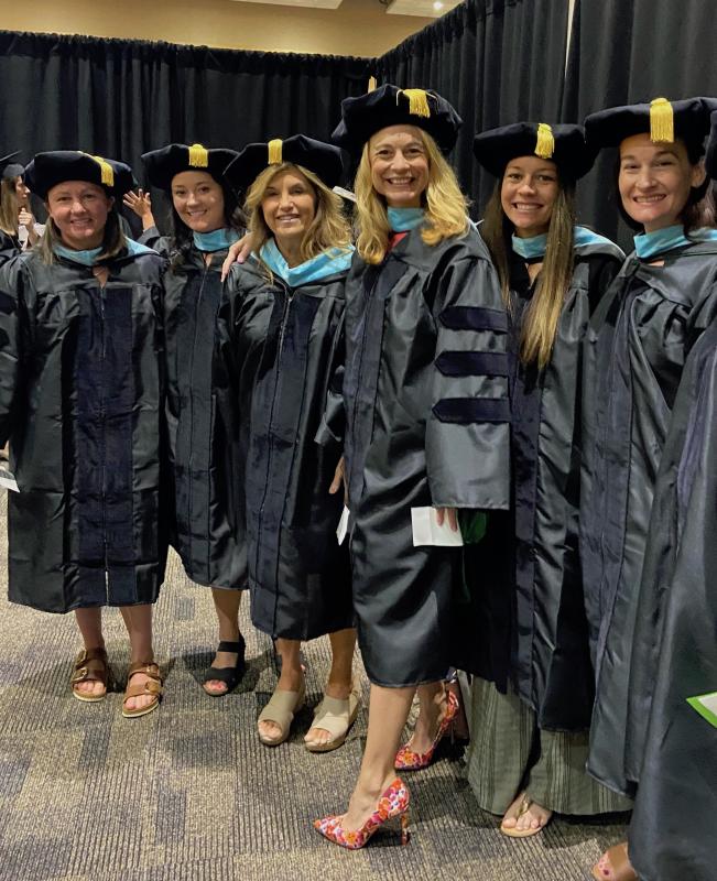 At Wilmington University graduation May 22 are (l-r) Beacon Middle Assistant Principal Kathleen Sheehan, Cape High Principal Nikki Miller, Lewes Elementary Principal Kim Corbidge, Assistant Superintendent Jenny Nauman, Sussex Consortium Assistant Principal Liz Cherico and Mariner Middle Assistant Principal Emily Lehne. SUBMITTED PHOTO