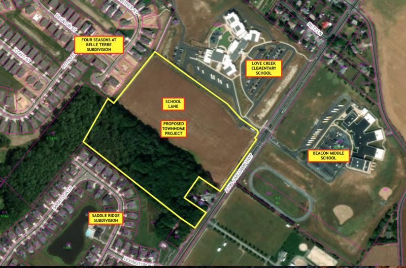 Two new subdivisions, Belle Terre and Saddle Ridge, and Love Creek Elementary School border the 22-acre parcel. DAVIS, BOWEN, FRIEDEL GRAPHIC