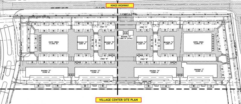 The Village Center site plan includes nine commercial buildings totaling 75,000 square feet and two green areas. The project is located along Kings Highway outside Lewes. DAVIS, BOWEN AND FRIEDEL GRAPHIC