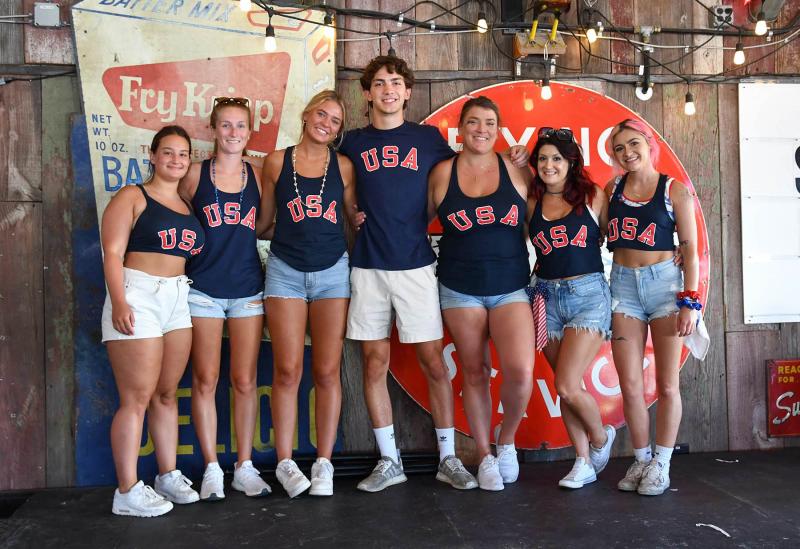The patriotic staff at Jimmy’s Grille are (l-r) Jordyn Mannices, Brooke Bunting, Cara Osborne, Aiden Collins, Bri Sullivan, Christina Sines and Michelle Caruso.