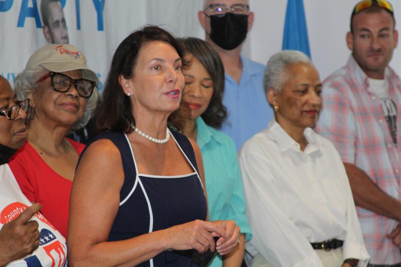 State Auditor Kathleen McGuiness speaks July 16 at the Sussex County Democratic Committee headquarters in Georgetown, joining candidates running for election this year. Shown are (l-r) Jane Hovington; Stell Parker Selby, candidate for the 20th Representative District seat; McGuiness; Congresswoman Lisa Blunt Rochester; Russ Huxtable, candidate for the 6th District Senate seat; Lydia York, Democrat candidate for state auditor; and Billy Devary, candidate for the 18th Senate District. MELISSA STEELE PHOTO