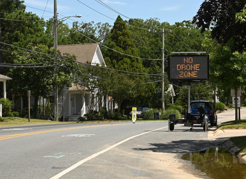 Digital signs have been placed at entrances to Rehoboth Beach to inform residents and visitors that drones are prohibited while the president is in town this weekend. This sign is on State Road. NICK ROTH PHOTO