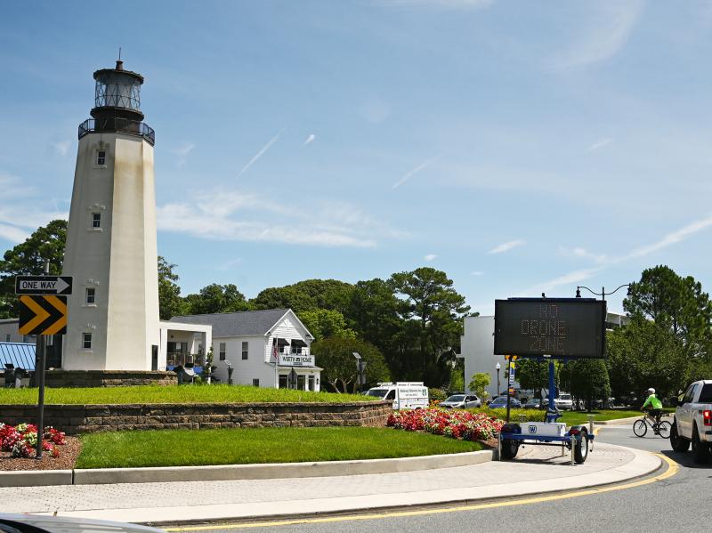 Digital signs have been placed at entrances to Rehoboth Beach to inform residents and visitors that drones are prohibited while the president is in town this weekend. This sign is in the Rehoboth Avenue circle. NICK ROTH PHOTO