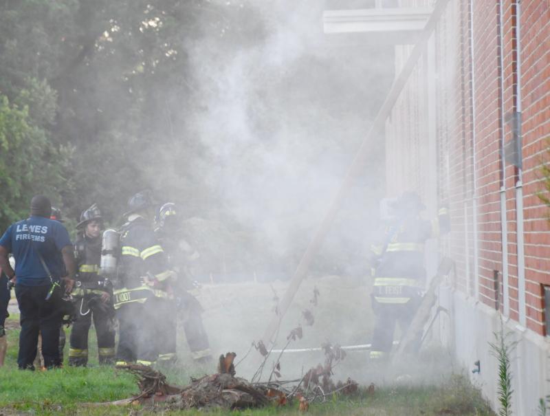 No, the old Shields Elementary School building is not on fire. Some rooms were filled with smoke during an Aug. 9 training exercise.