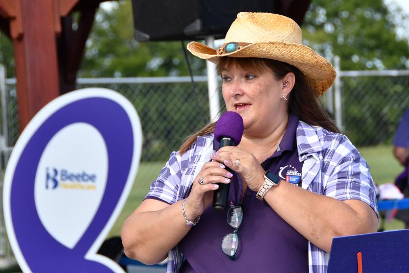 Event chair Kathy Blanchette speaks to the crowd about how Relay for Life has affected her family in a positive way.
