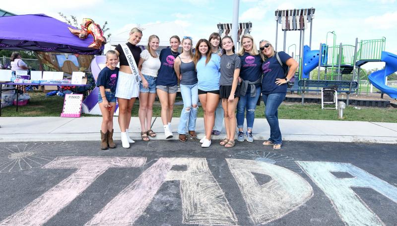 Members of the Tatiana Akinfieva Dance Academy show their support for Relay for Life. Shown are (l-r) Cambri String, 8, Miss Delaware Outstanding Teen; Brynn String, 15; Zoe Lasher, 16; Gabby Morgan, 15; Grace Minner, 17; Ava Brozefsky, 13; Carmie Blanchette, 16; Caitlyn Fannin, 13; and directors Aimee String and Misty Yencer.