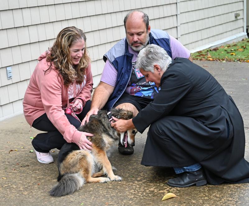 Molly and Joe Panzarella hold Penny still as the Rev. Shelley D. McDade gives her blessing. Penny is a 5-year-old Australian shepherd mix. NICK ROTH PHOTOS