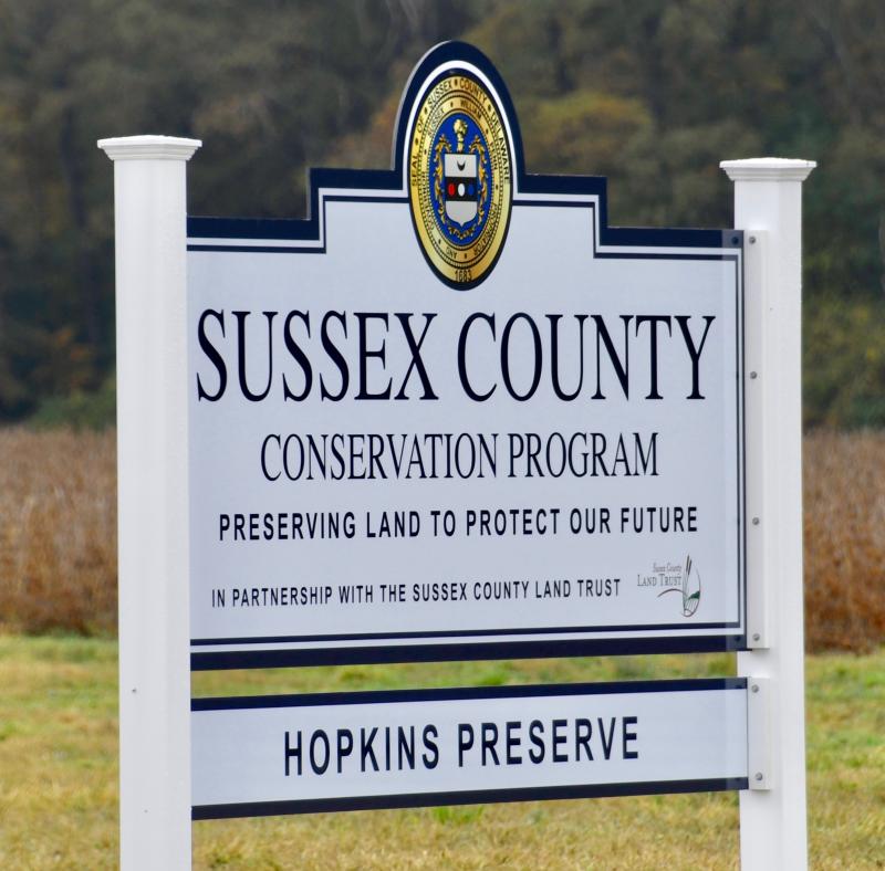 A new sign has been erected near the proposed entrance to Hopkins Preserve off Sweetbriar Road west of Lewes. The property was purchased with Sussex County open-space funding.