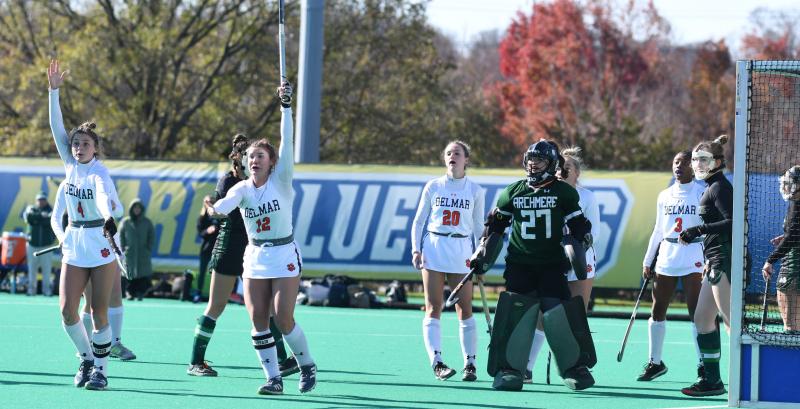 Cousins Maci Bradford and Josie Hollamon signal a goal. Laura Rodgers looks on. Archmere goalie Ava Hughes awaits the call.
DAVE FREDERICK PHOTOS