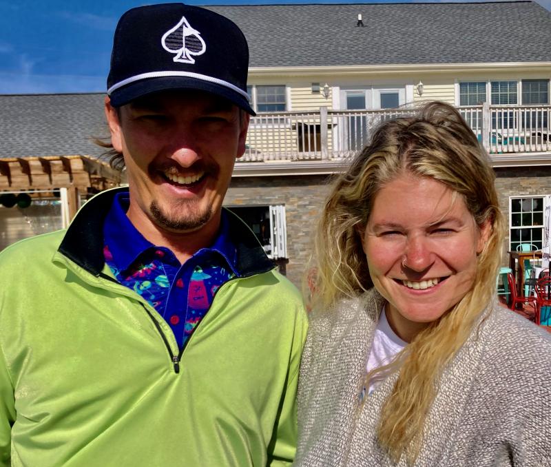 Austin Ebersole, left, and Britt Morrison won the first national FlingGolf championship Oct. 22 in Harrisonburg, Va. The duo, who both work for American Classic Golf Club, help promote the new sport at the Midway public course. FRITZ SCHRANCK PHOTO