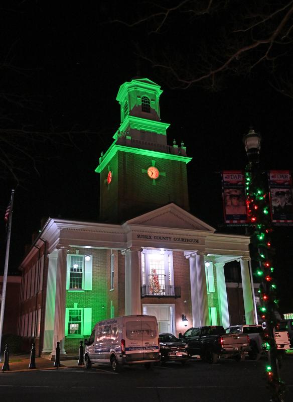 The Sussex County Courthouse is lit up for the holidays.