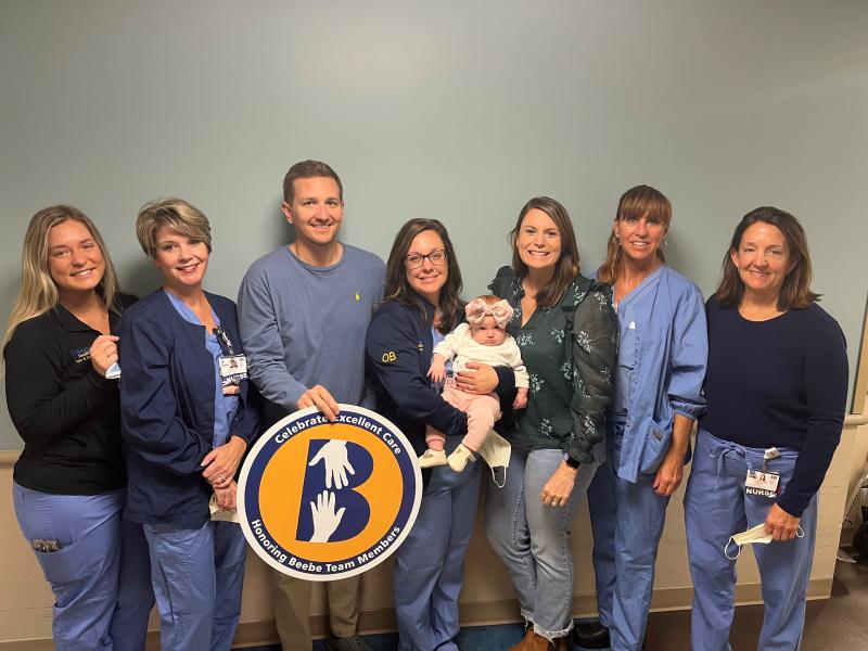 Beebe women’s health team members help celebrate the new addition to the Biro family. Shown are (l-r) Kelsi Warrington, Jennifer Horner, Brandon Biro, April Philips holding Addison Biro, Amanda Biro, Maureen Baker and Cecilia D’Orazio. SUBMITTED PHOTO