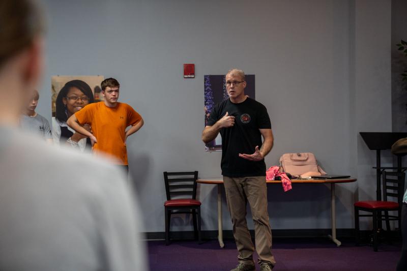 Self defense J-Term student Gabe Jonas, left, awaits his turn to grapple with the instructor, retired First Sgt. Kevin Outten from Delaware Defensive Tactics. SUBMITTED PHOTOS