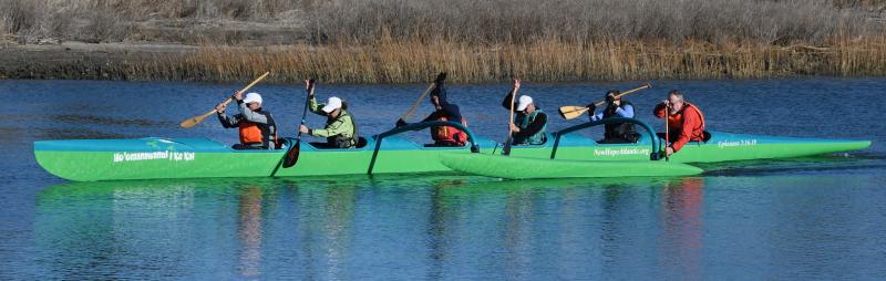 Paddling the outrigger canoe named Ho'Omanawanui I Ke Kai, which means the perseverance of the sea, are Merrill Johnson, Amy Reese, Tom Ager, Marc Lopez, Barbara Henry and steersman David Schofield, who is coach of the New Hope Canoe Club Ministry Team. RON MACARTHUR PHOTOS