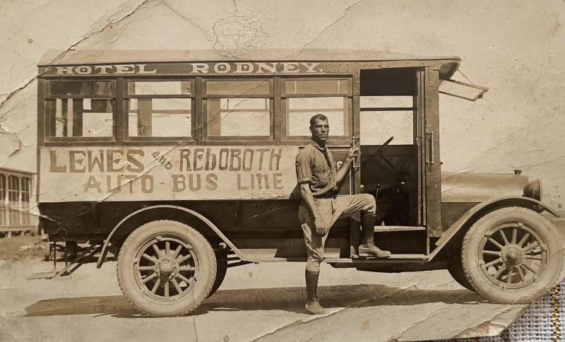This 1920s photograph is of William S. Daisey in front of the Lewes and Rehoboth Auto Bus Line. Daisey, a Lewes native, is part of a large family from the Cape Region. SOURCE: DAISEY FAMILY COLLECTION