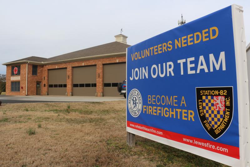 A recruiting sign for both the Rehoboth Beach Volunteer Fire Company and the Lewes Fire Department was installed Feb. 15 at the stations’ combined Department 3. AARON MUSHRUSH PHOTOS