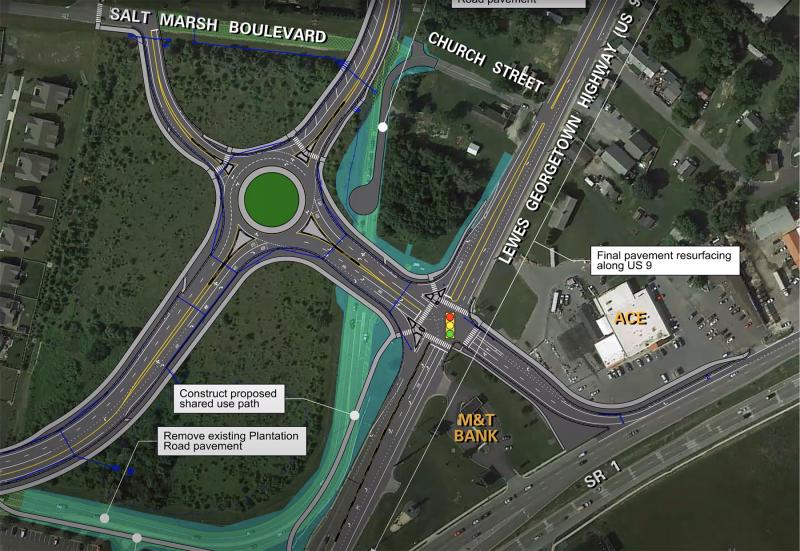 The new roundabout at what locals call Malfunction Junction will include connections to Plantation Road, Beaver Dam Road and a new Route 9 intersection all tied to a new southbound Route 1 access road. Sections of Plantation Road will be abandoned. DELDOT GRAPHIC