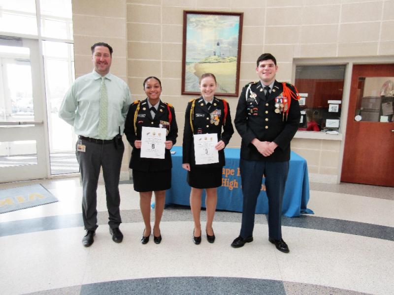 Gathered during the promotion ceremony for Cape High JROTC cadets Zoe Henderschott and Janiah Maltbie are (l-r) Assistant Principal Andrew Coulter, Maltbie, Henderschott and Cadet Lt. Col. Isaac League. SUBMITTED PHOTO