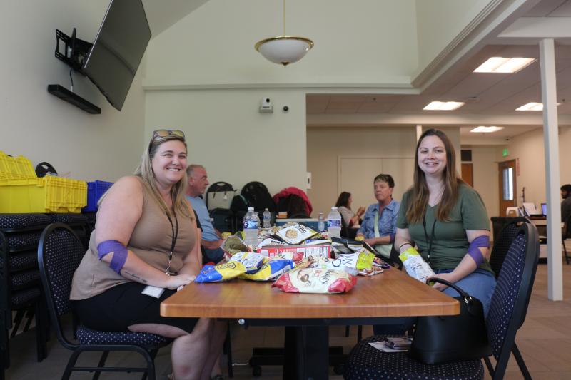 One of the benefits when donating blood is the access to tasty snacks to help replenish energy quickly. Lewes Board of Public Works knows a thing or two about energy. BPW employees Sharon Sexton and Kim Bellere enjoy the spoils of donating.