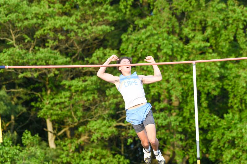 Bailey Fletcher smiles on the way down after clearing 14-feet-6-inches in the pole vault. DAVE FREDERICK PHOTOS