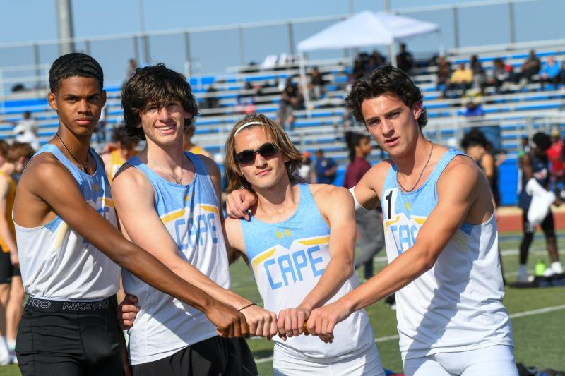 Cape’s Trey Leggins, Liam O’Donnell, Cardin Benjamin and Ben Clifton win the Division I 4-by-800 relay state title. DAVE FREDERICK PHOTOS