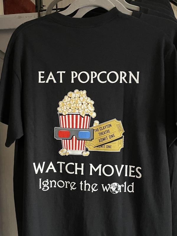 Eat Popcorn T-shirts are available at the Clayton Theater in Dagsboro. RON MACARTHUR PHOTO