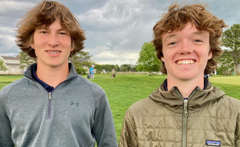 Cape sophomores Brendan Staggs, left, and Tyler Healy teamed up for a pair of 43s May 3, good for co-medalist honors in the Vikings’ 174-219 win against Sussex Central. The 43s were also the two varsity golfers’ best scores of the 2023 season. FRITZ SCHRANCK PHOTO