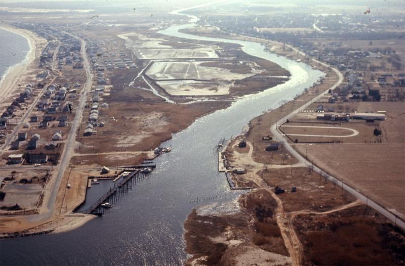This 1970 photograph shows Lewes Beach looking east from Roosevelt Inlet. SOURCE: DELAWARE PUBLIC ARCHIVES/PROJECT DELAWARE