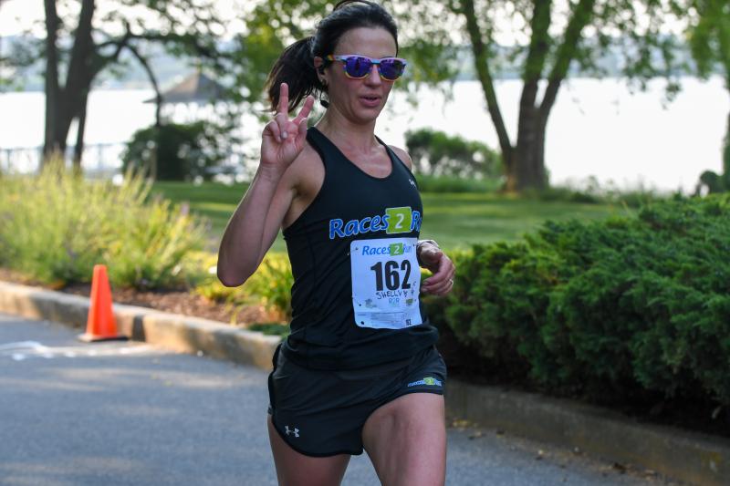 Shelly Karsnitz is the first woman to finish the Chicken Chase 5K.
