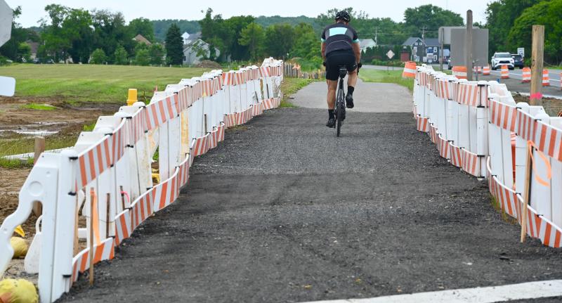 Because of construction at the Freeman Highway-Monroe Avenue Extended intersection, the Junction and Beakwater Trail is lined with safety barricades.